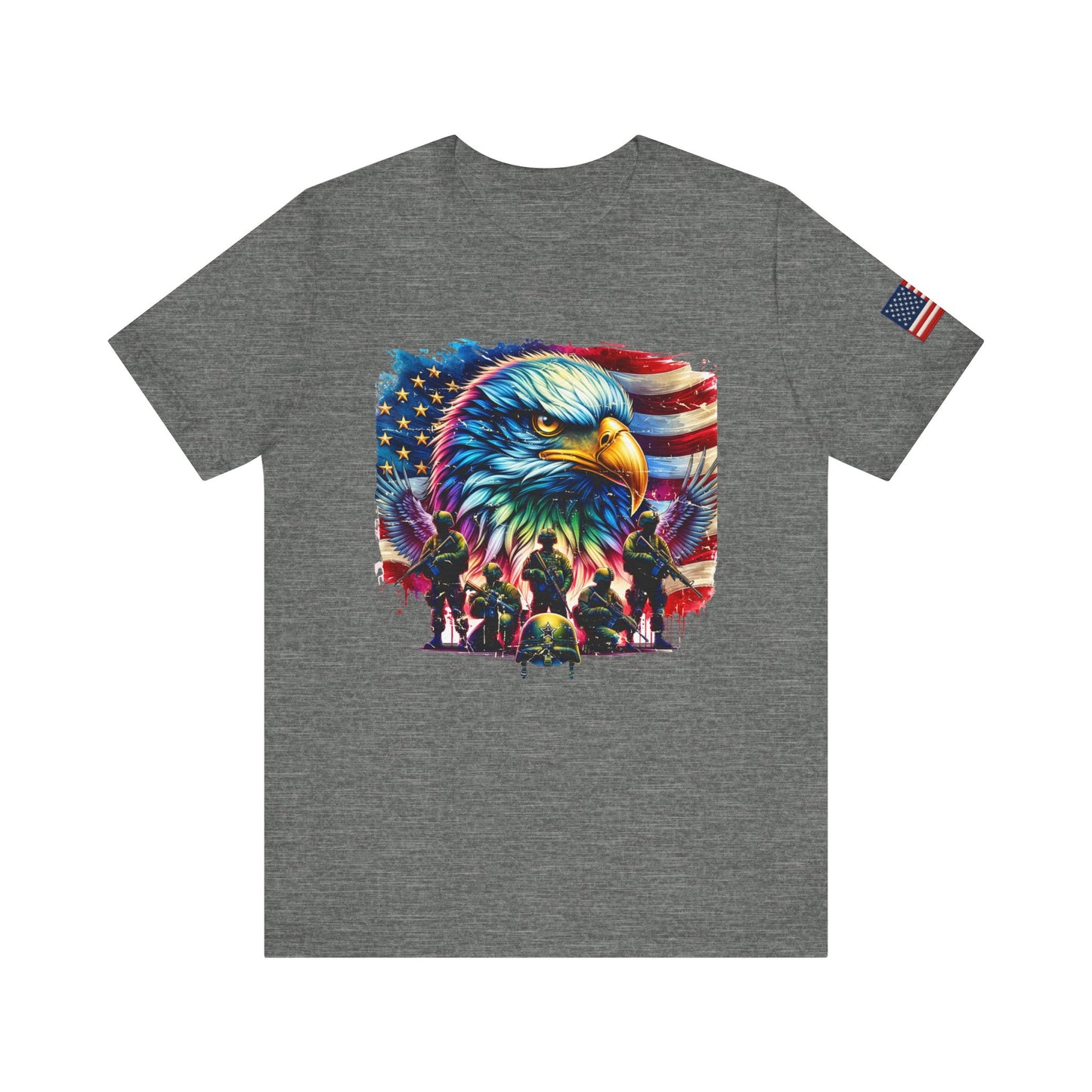 Gray t-shirt with a colorful eagle and American flag design