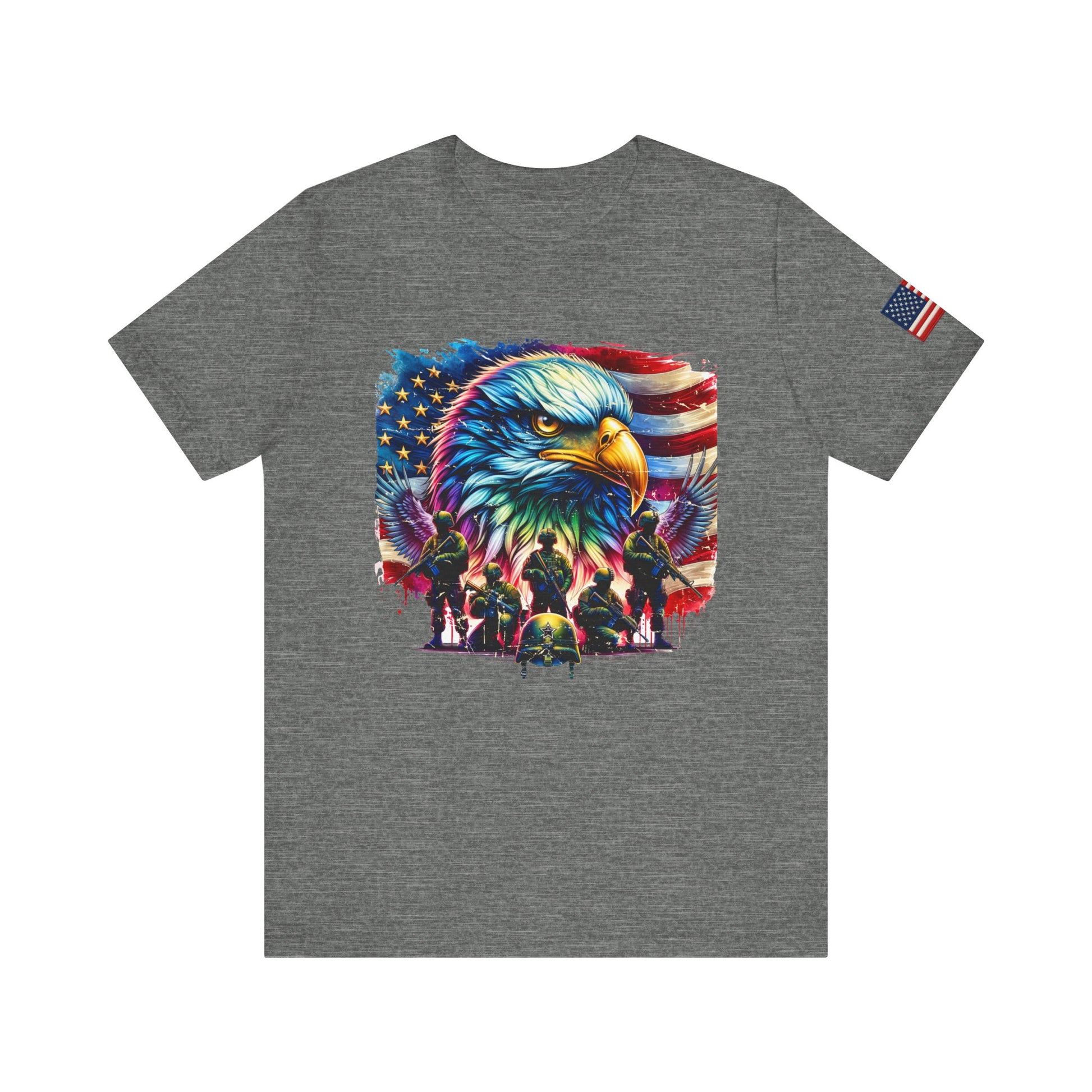 Gray t-shirt with a colorful eagle and American flag design
