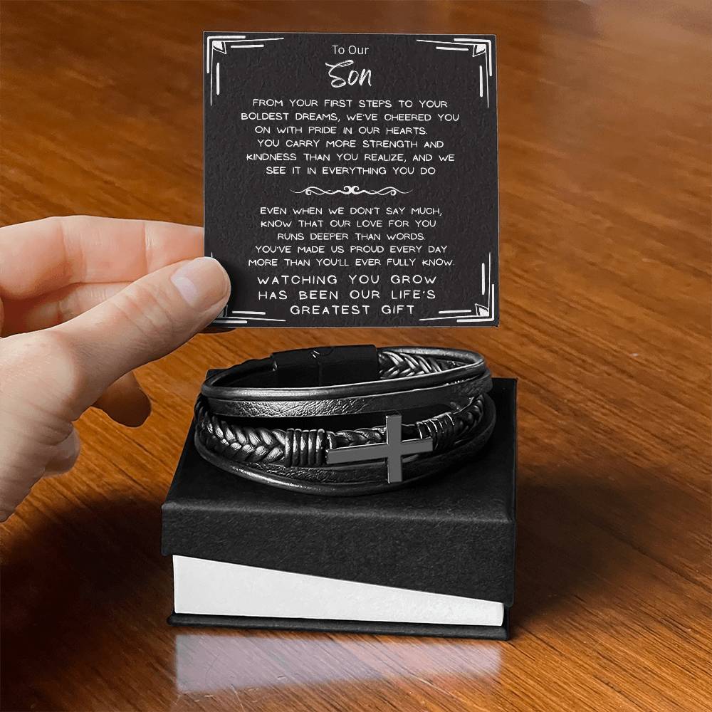 Men's cross bracelet gift for son stainless steel vegan leather adjustable 8.3 inch