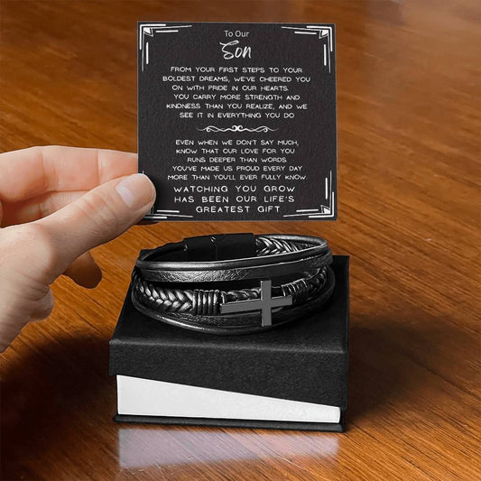 Men's cross bracelet gift for son stainless steel vegan leather adjustable 8.3 inch