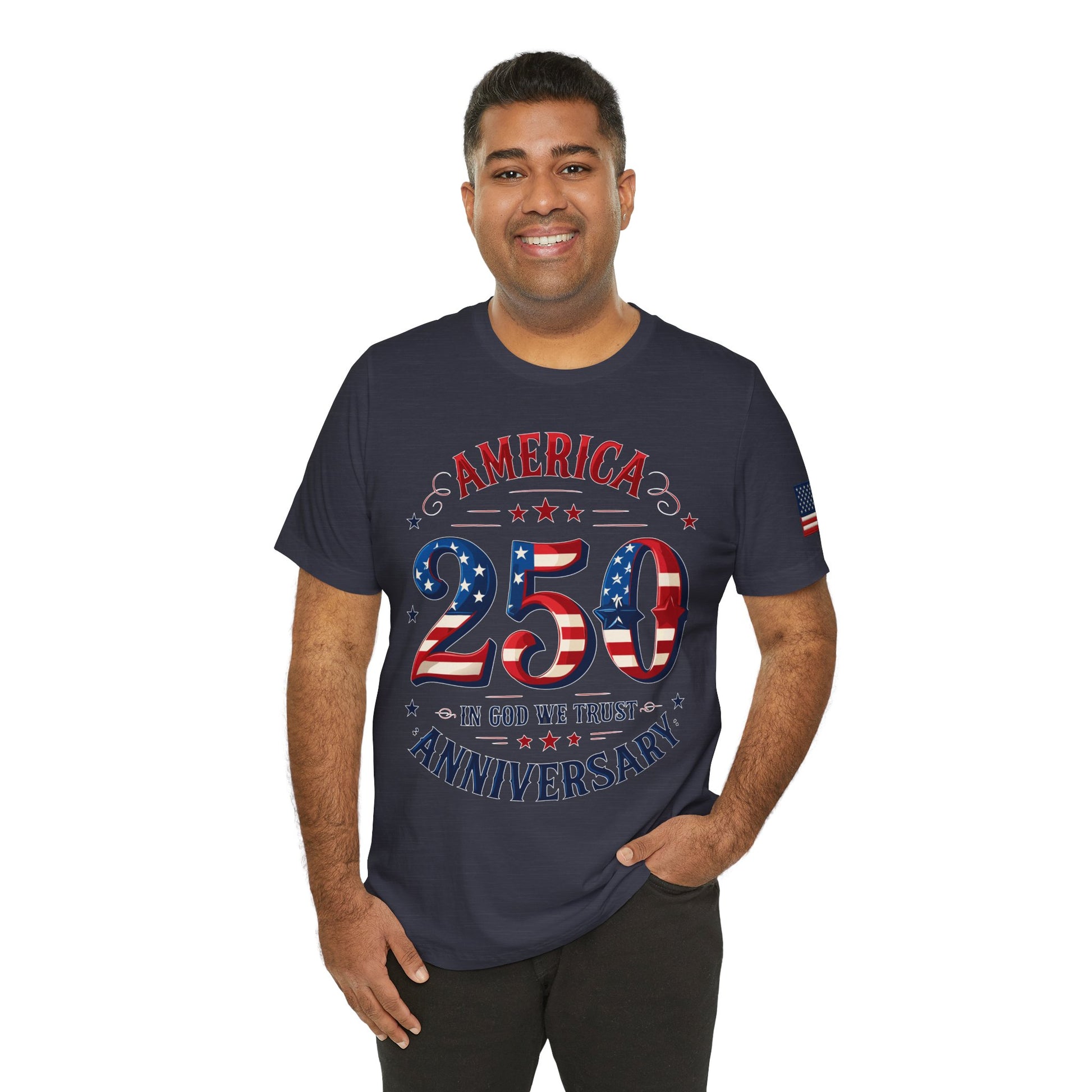 Man wearing a navy blue t-shirt with 'America 250' design