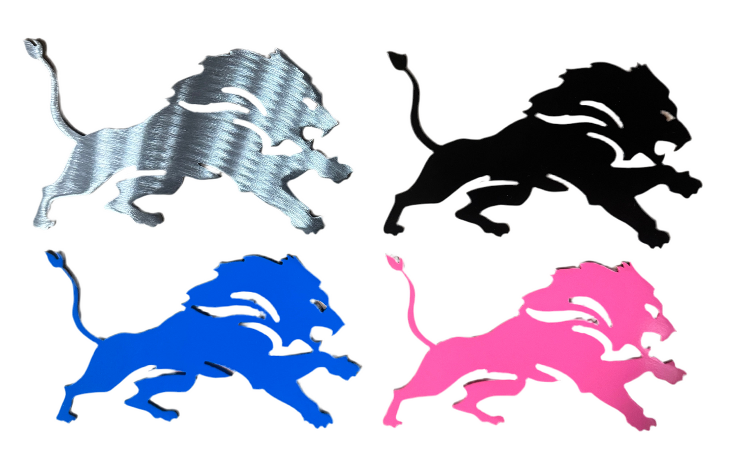 Four lion illustrations in different colors on a white background