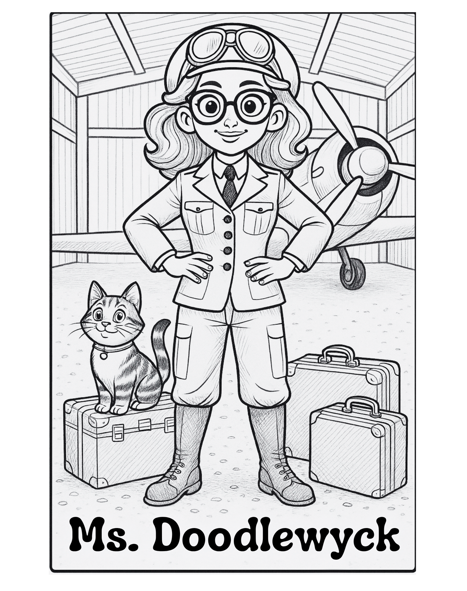 Coloring page of a character named Ms. Doodlewyck with a cat and airplane in the background.