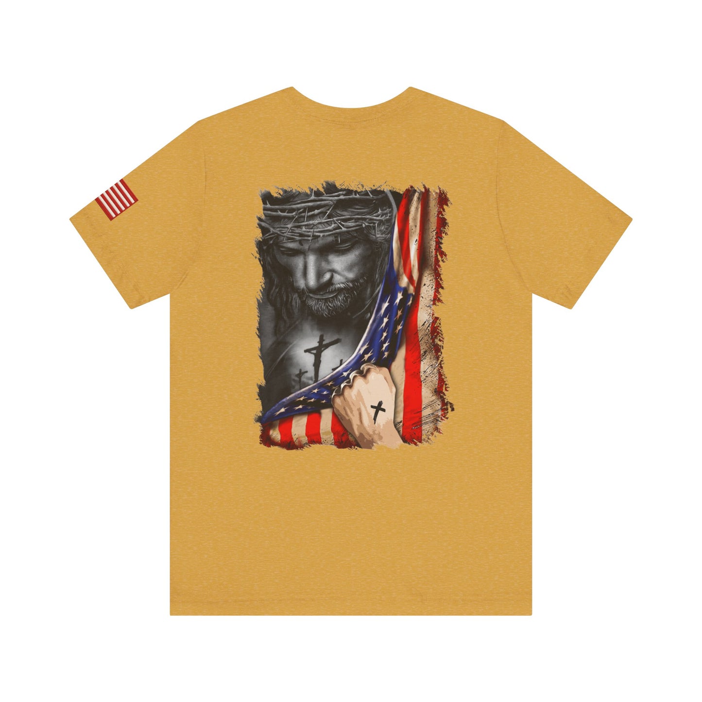 Mustard Yellow t-shirt back with a graphic design of Jesus with a cross and American flag
