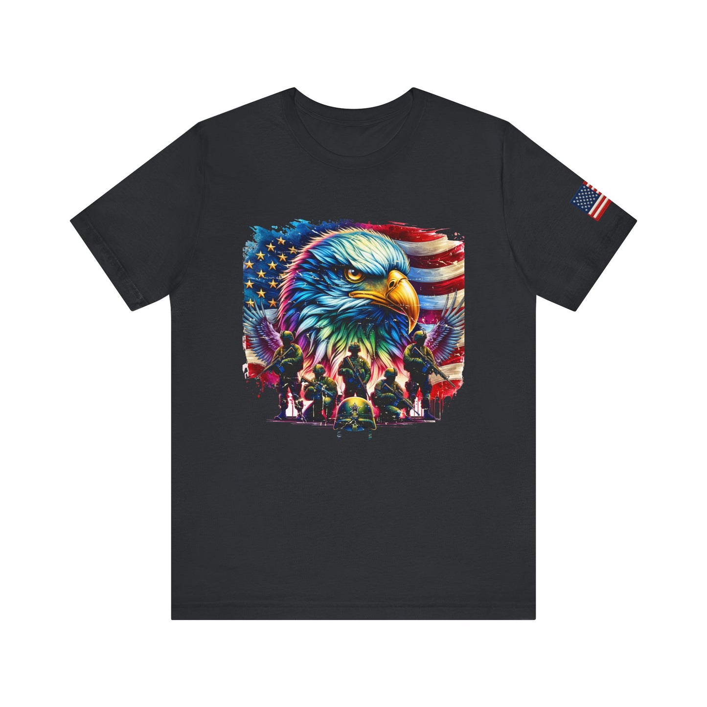 Black t-shirt with a colorful eagle and American flag design