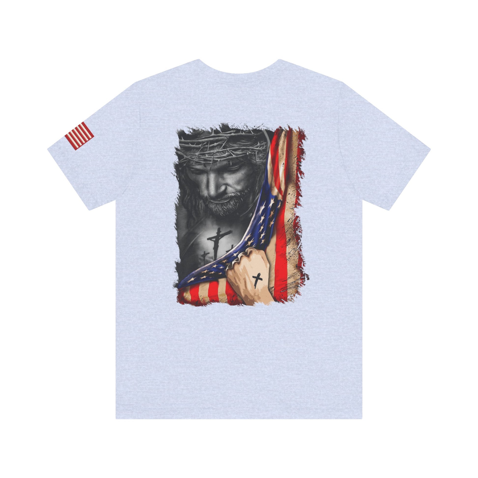 Light Blue t-shirt back with a graphic design of Jesus with a cross and American flag
