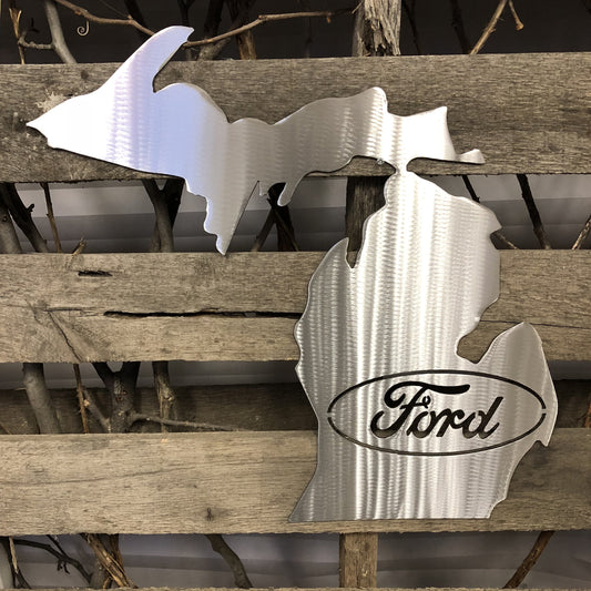 Metallic Ford logo on a Silver Metal State of Michigan Sculpture
