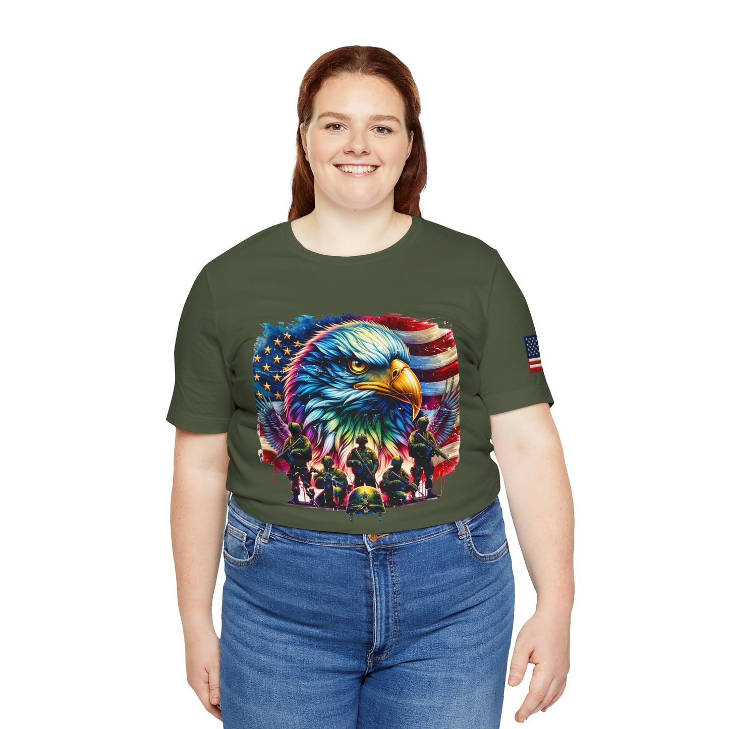 Girl wearing a green t-shirt with a colorful eagle design