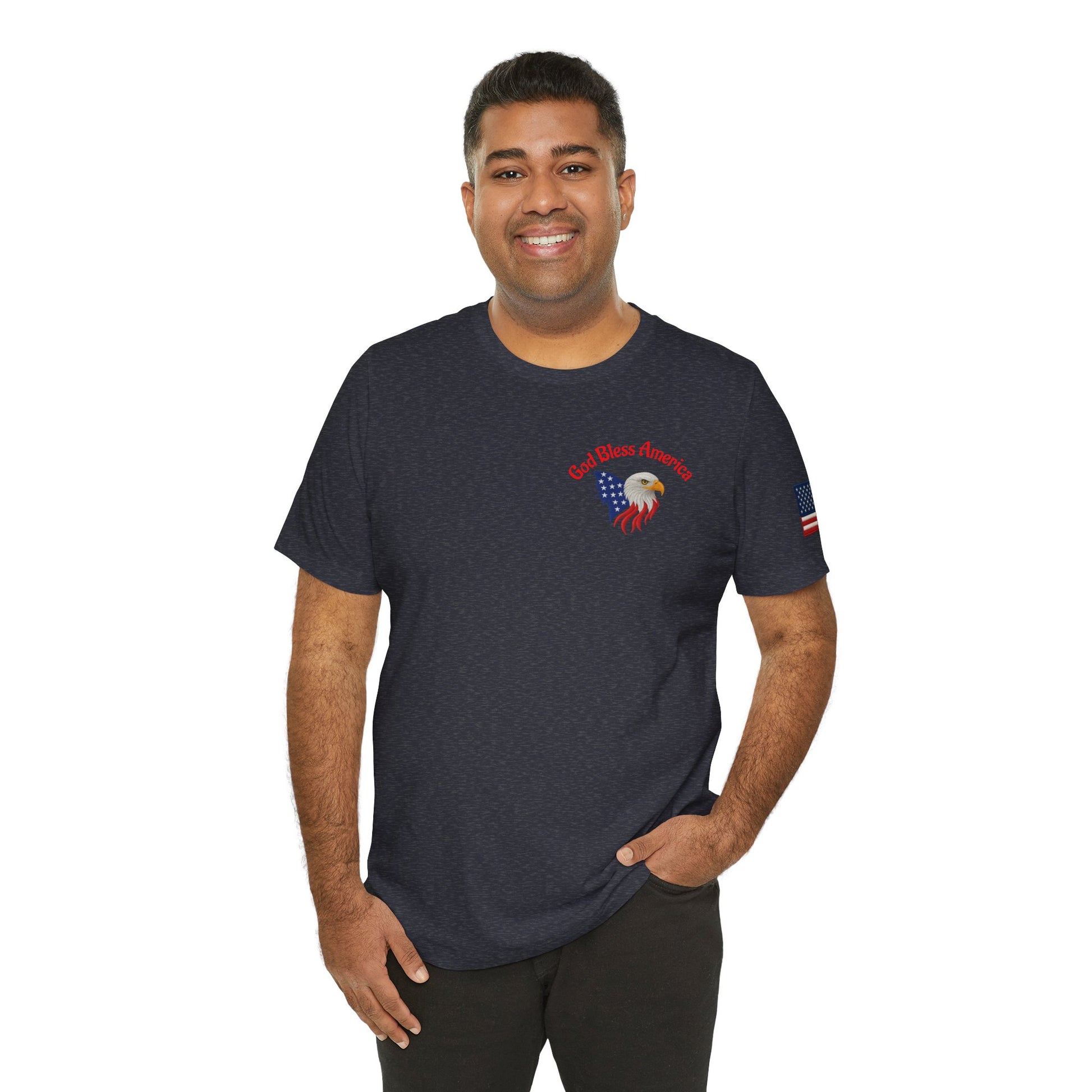 Man wearing a dark blue t-shirt with a graphic design