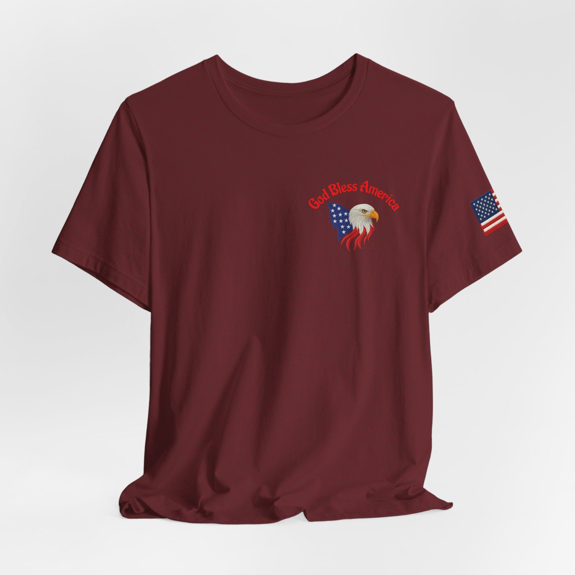 Maroon t-shirt with American flag and eagle design