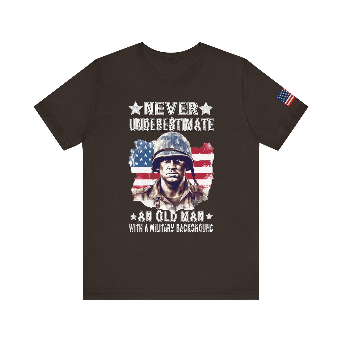 Brown t-shirt with military-themed graphic and text