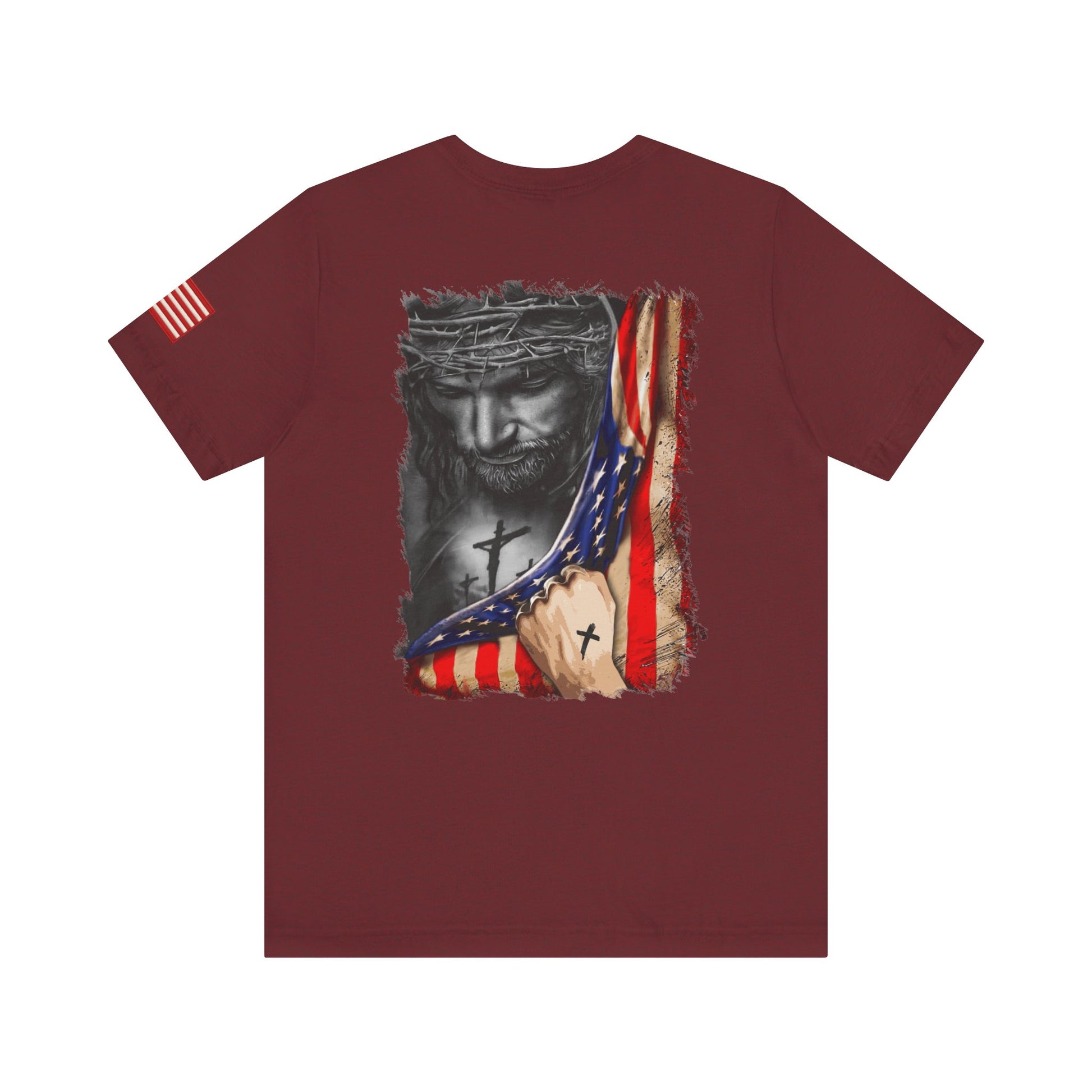 Maroon t-shirt back with a graphic design of Jesus with a cross and American flag