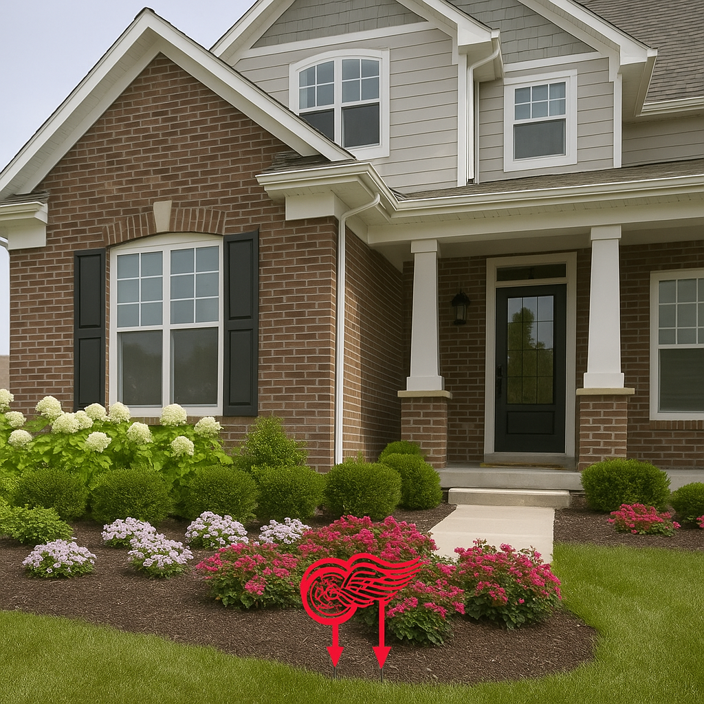 Front of a house with landscaped garden and red winged symbol.  Detroit Redwings Fan