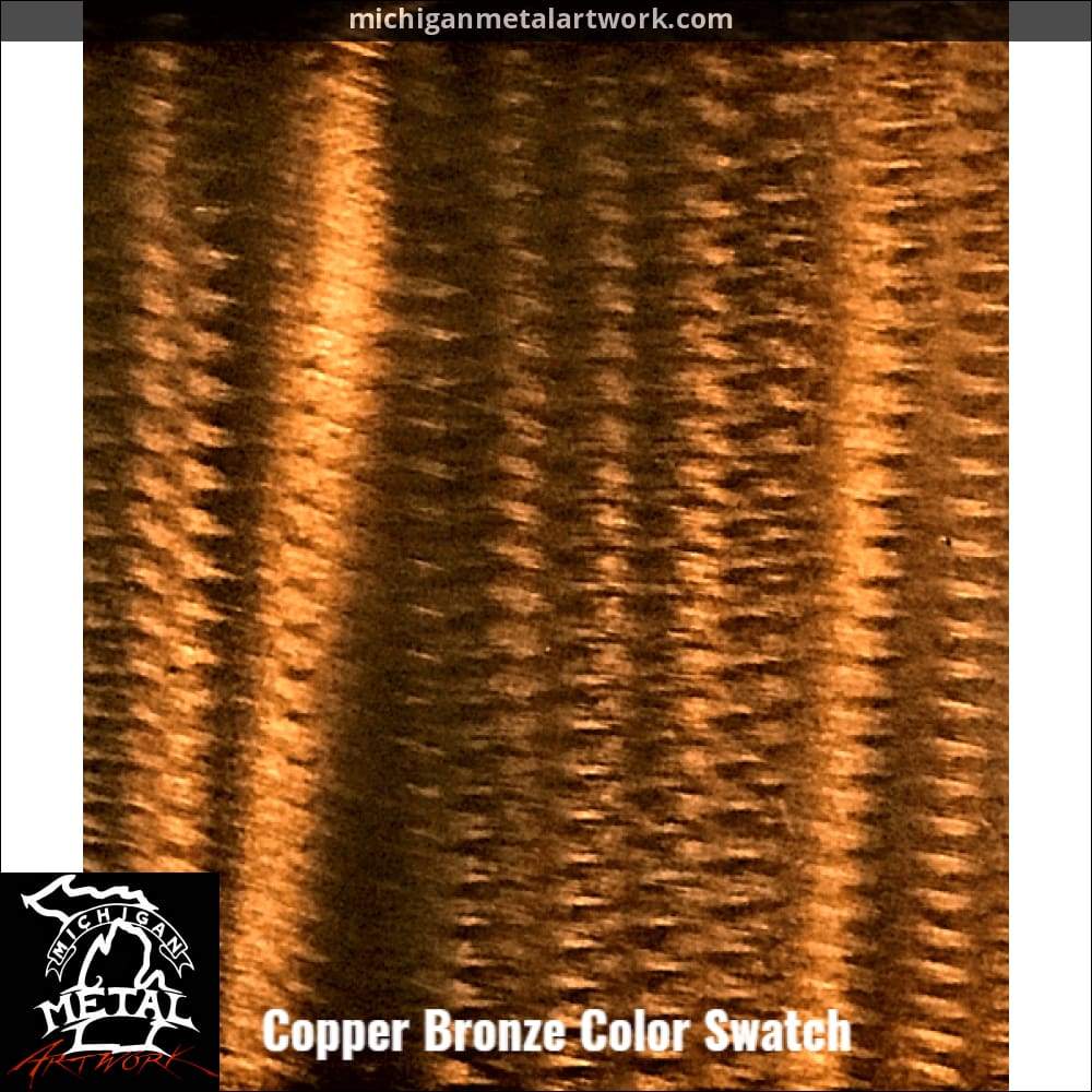 Close-up of copper bronze color swatch with 'Michigan Metal Artwork' branding.