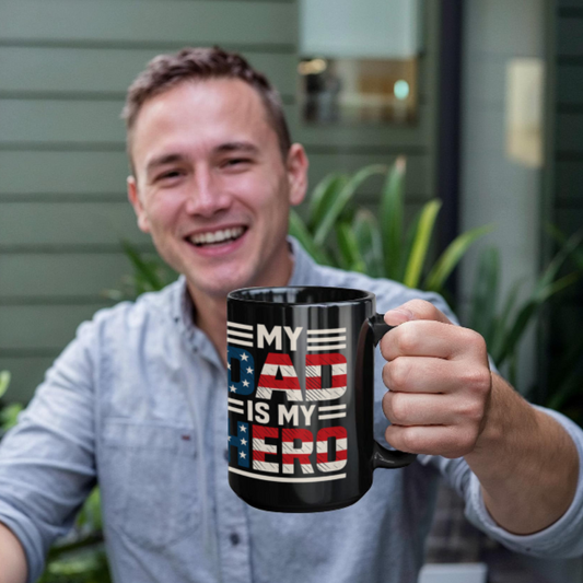 My Dad Is My Hero | Soaring Patriotic Eagle  11 or 15 oz Black Mug – Double-Sided Design
