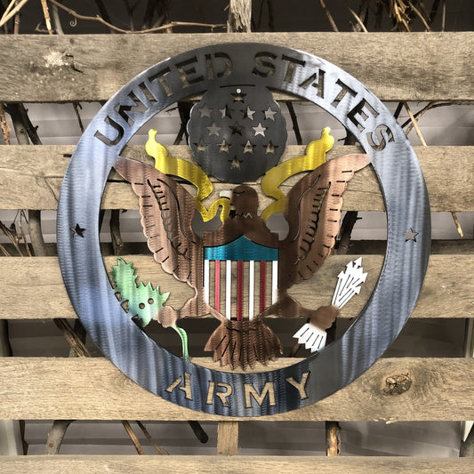 Metal plaque with U.S. Army emblem on a wooden background