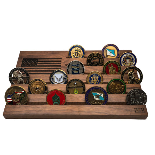 Wooden display rack with various military insignia badges on a white background