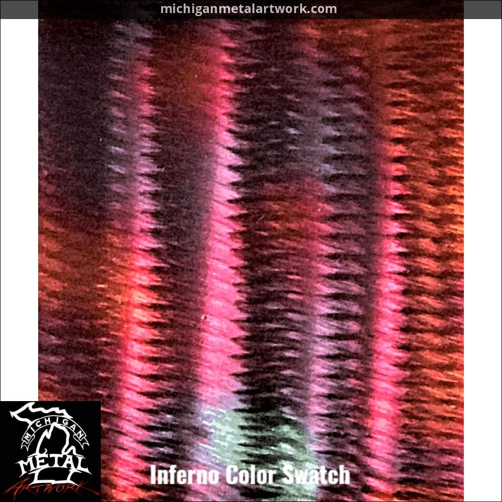 Color swatch with red, pink, and purple hues, labeled 'Inferno Color Swatch' from Michigan Metal Artwork.