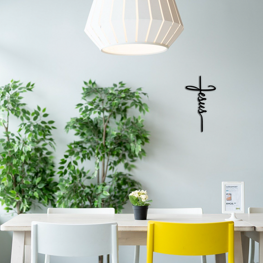 Modern interior with a dining table, chairs, plants, and a Religious wall sign – Jesus cross design made from 16 gauge steel