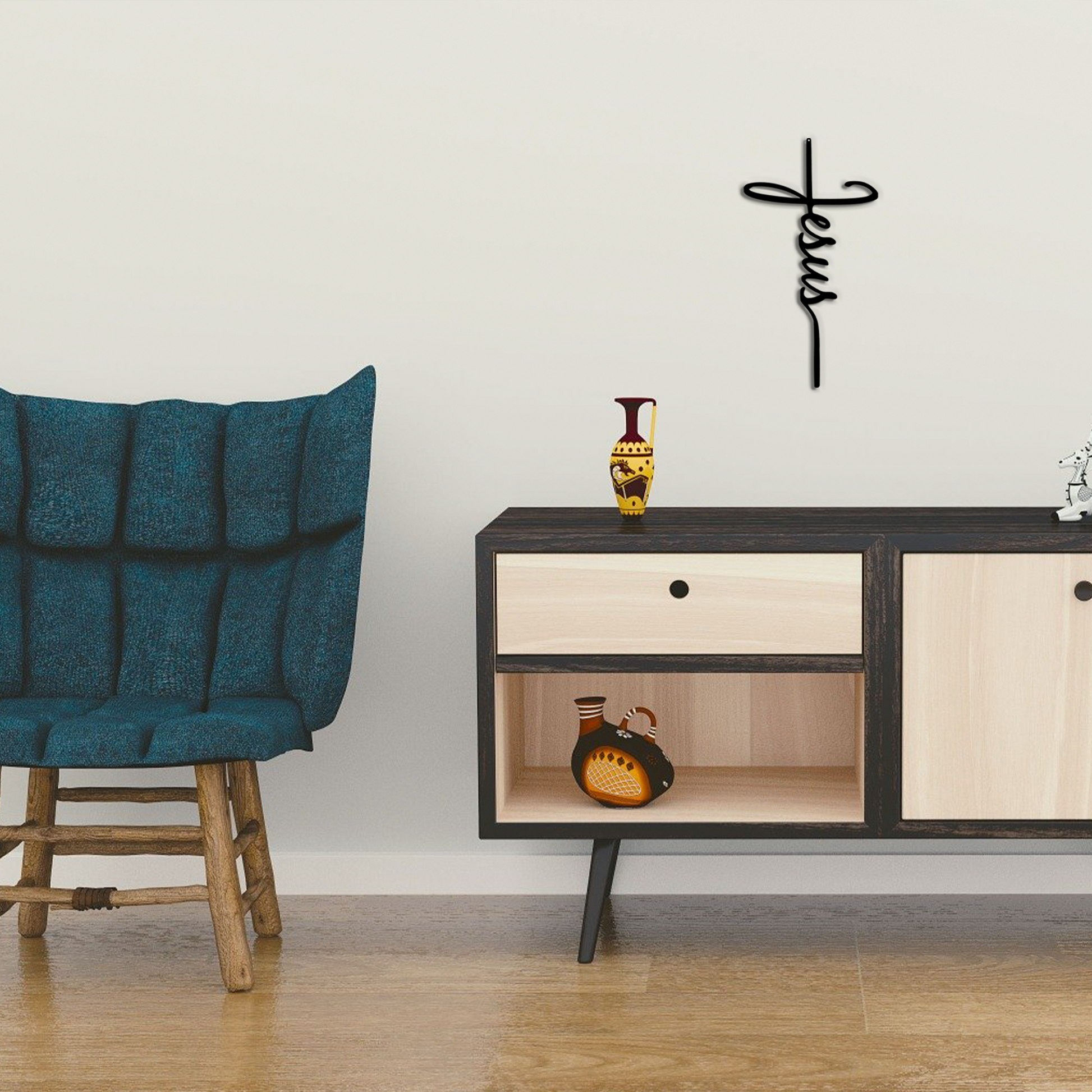Modern sideboard with decorative items and a blue chair with Religious wall sign – Jesus cross design made from 16 gauge steel