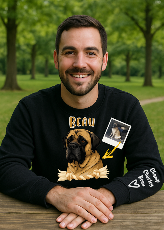 Custom pet crewneck sweatshirt pet portrait print front and names on sleeve unisex heavy blend
