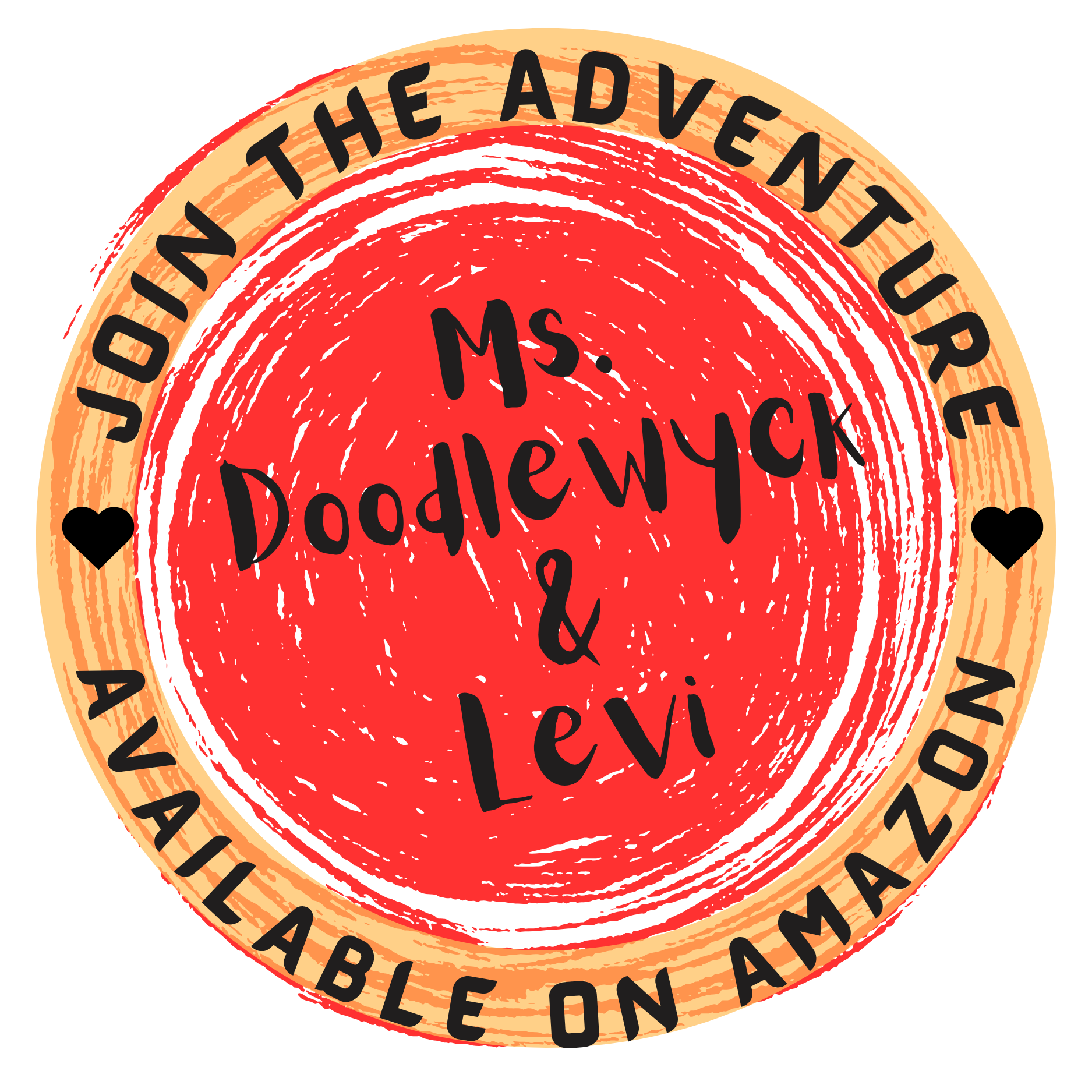 Circular logo with red center and wooden border, featuring text 'Join the Adventure', 'Ms. Doodlewyck & Levi', and 'Available on Amazon'.
