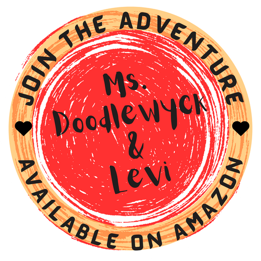 Circular logo with red center and wooden border, featuring text 'Join the Adventure', 'Ms. Doodlewyck & Levi', and 'Available on Amazon'.