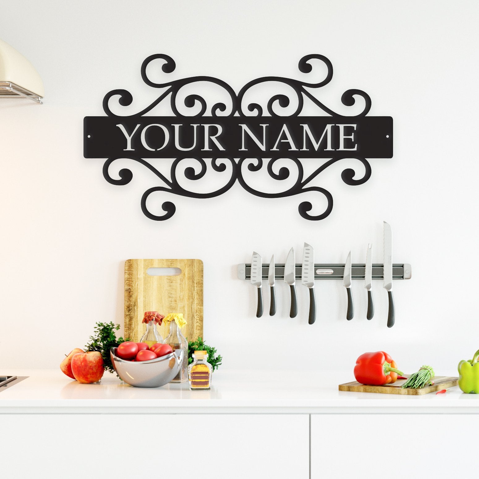Decorative wall sign with 'YOUR NAME' in a kitchen setting
