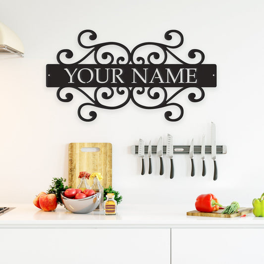 Decorative wall sign with 'YOUR NAME' in a kitchen setting