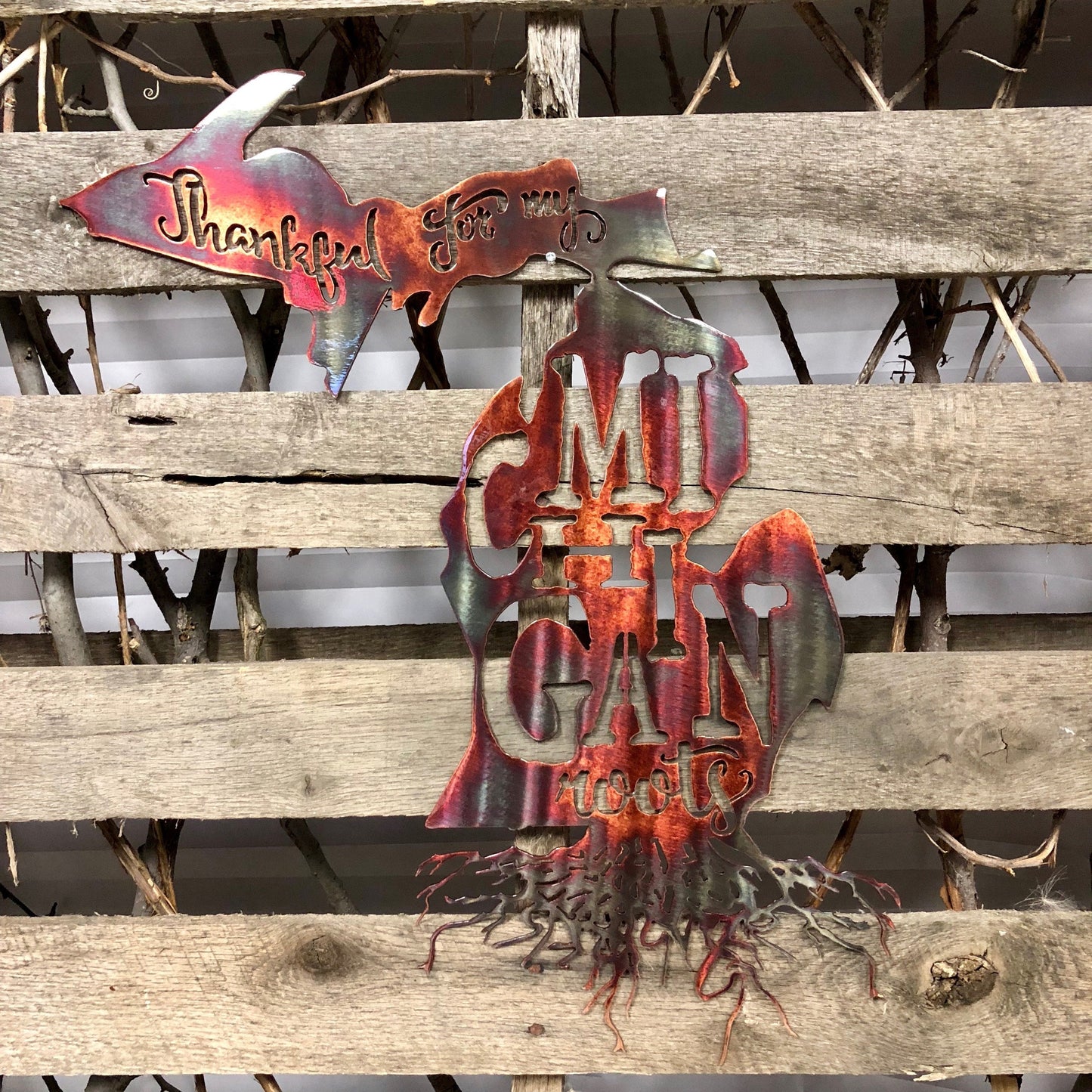 Burnished Michigan Thankful For My Michigan Roots Metal Sign
