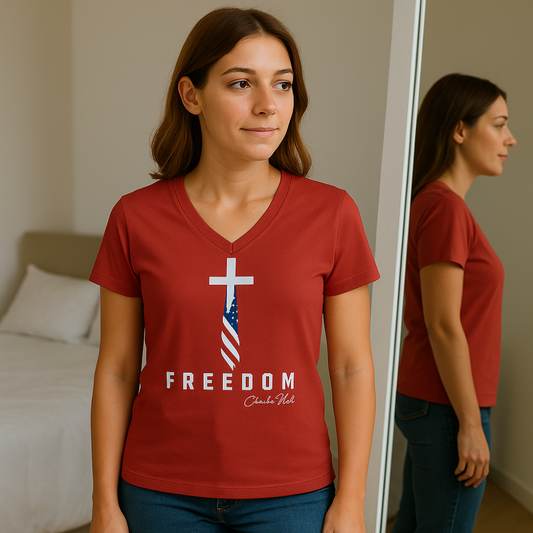 Unisex Freedom V-Neck Tee – Patriotic Christian FREEDOM Shirt for Faith & Independence Day