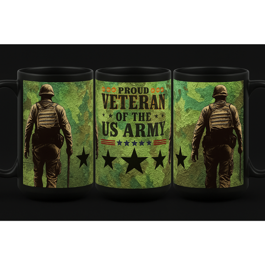 Three mugs with a design of a veteran in military uniform and text 'Proud Veteran of the US Army' on a green camouflage background.