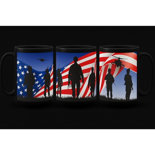 Three black mugs with military-themed designs featuring silhouettes of soldiers and American flags.