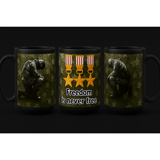 Three black mugs with military-themed designs and 'Freedom is never free' text on a dark background.