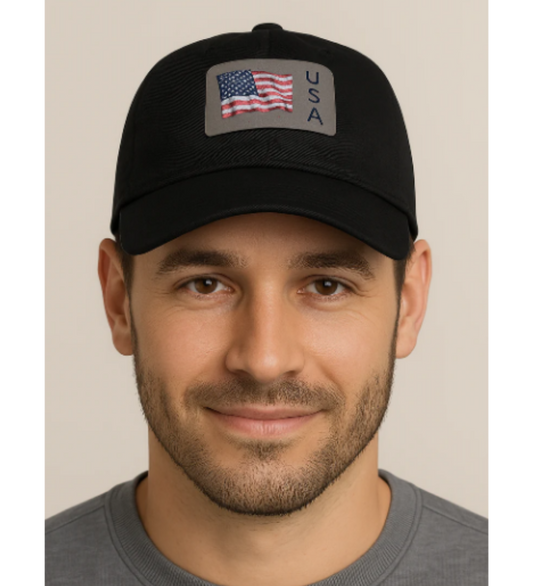 American Flag - USA Dad Hat with Rectangle Leather Patch - Chino Twill Adjustable Cap