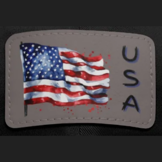American Flag - USA Dad Hat with Rectangle Leather Patch - Chino Twill Adjustable Cap