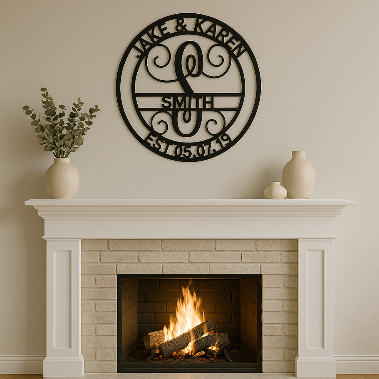 Custom Circle Vine Monogram Full‑Name Steel Wall Sign – Personalized Metal Home Decor