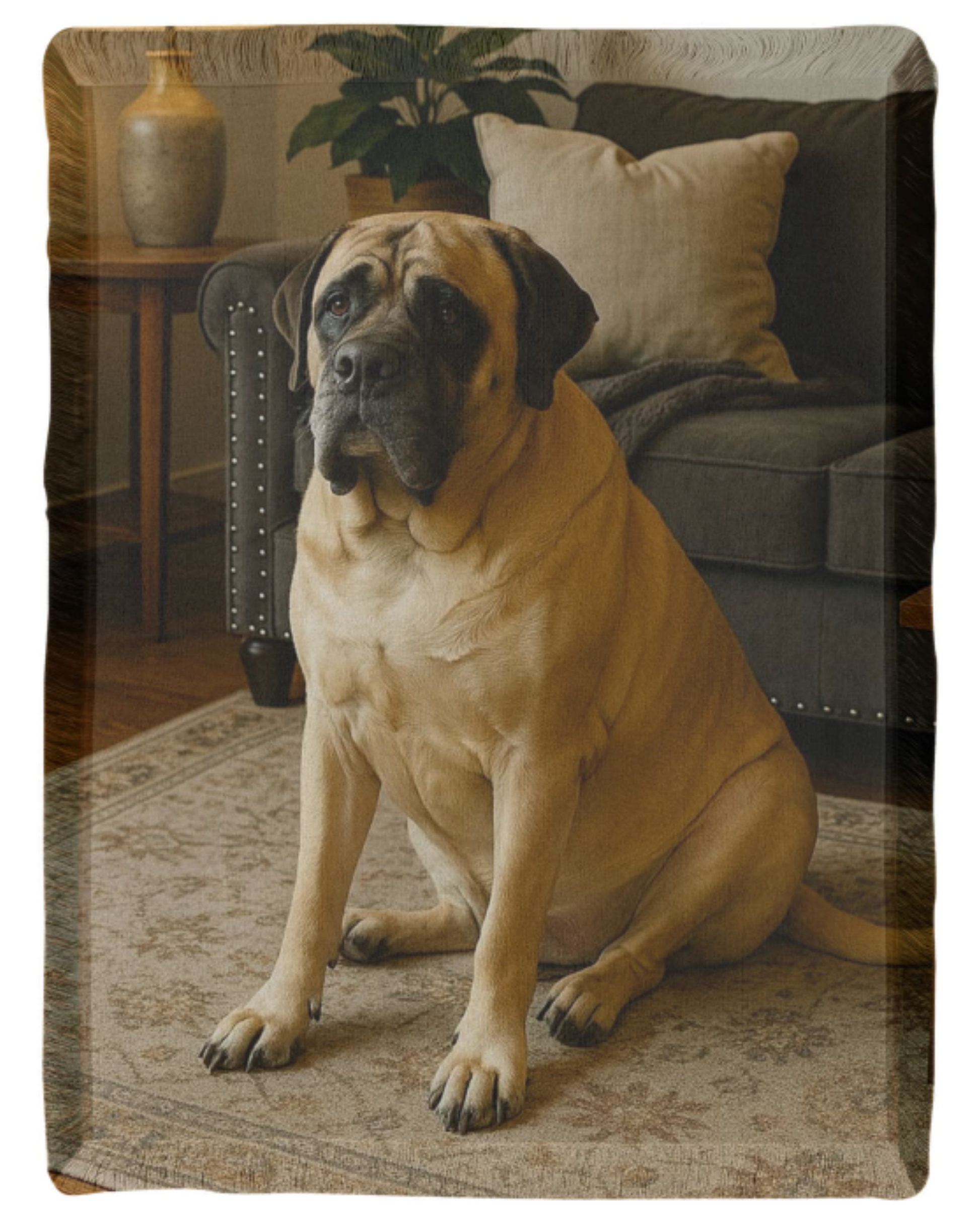 Blanket with Dog sitting on a rug in a living room setting