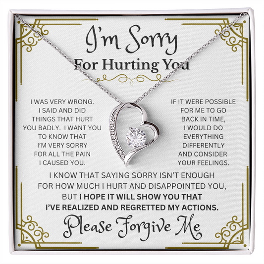 I'm Sorry Forever Love Necklace – Heart-Shaped CZ Pendant in White or Yellow Gold Finish