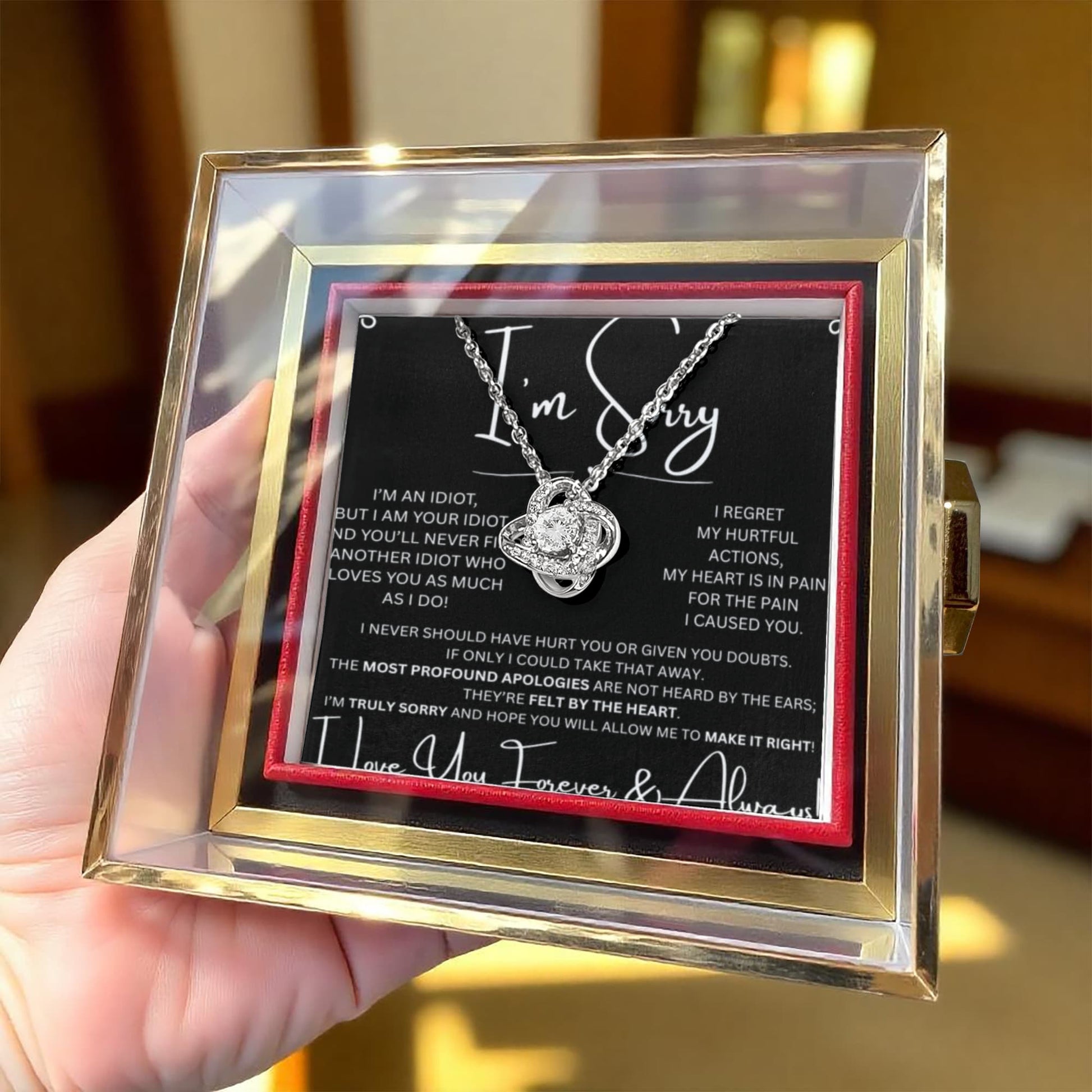 I'm Sorry Love Knot Necklace in preserved red rose box with black card