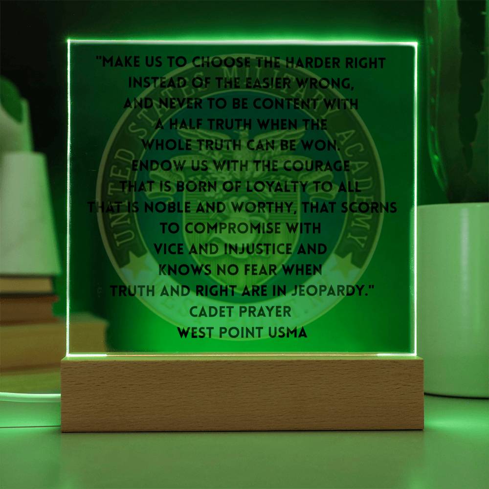 LED-lit acrylic plaque with stand displaying Cadet Prayer