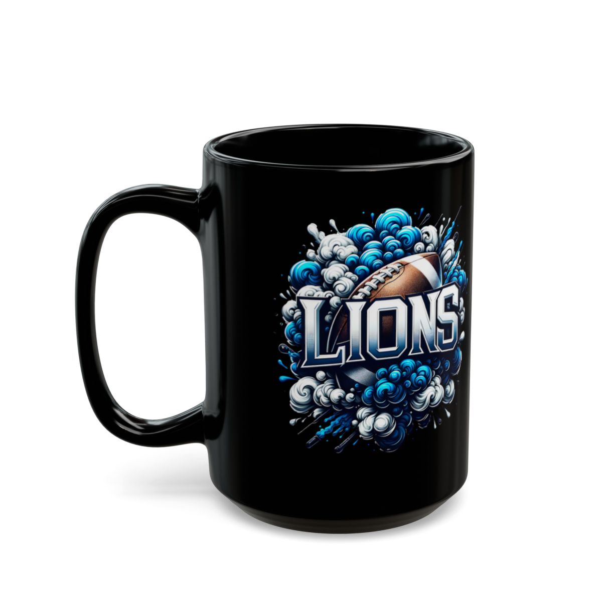 Black mug with 'Lions' logo and football design on a white background
