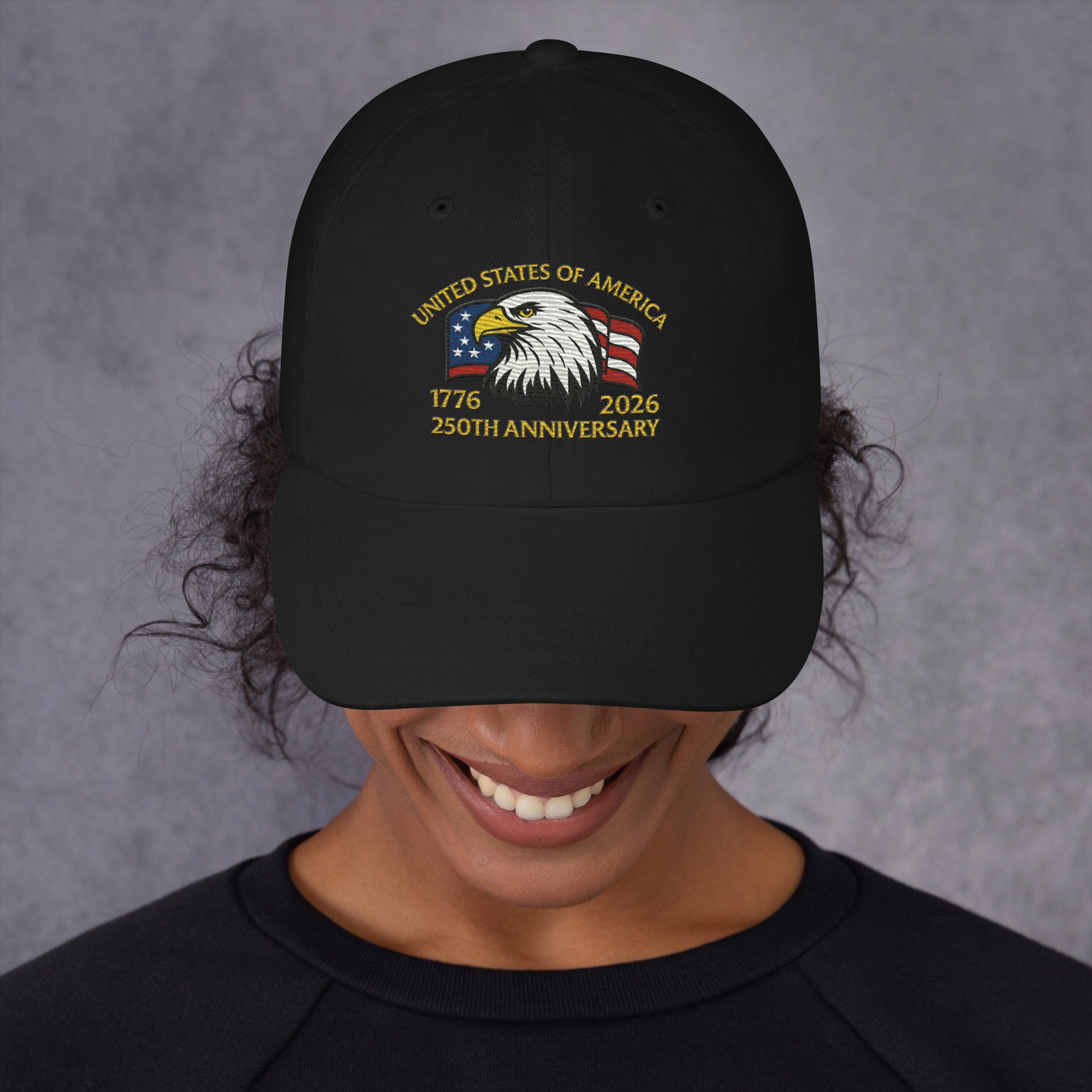 Black USA 250 Years patriotic embroidered hat cotton twill