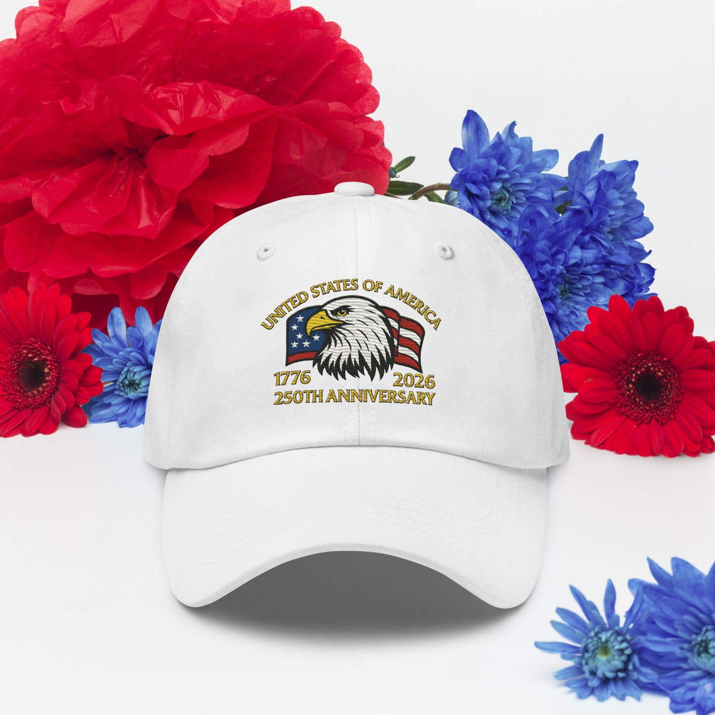 white USA 250 Years patriotic embroidered hat cotton twill