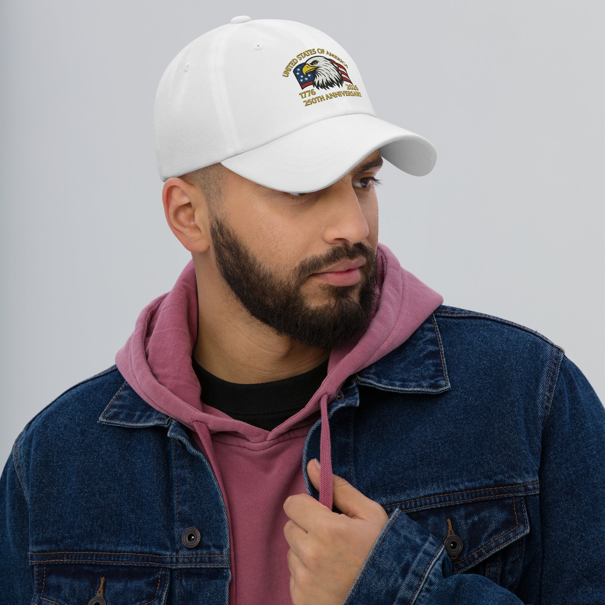 White USA 250 Years patriotic embroidered hat cotton twill