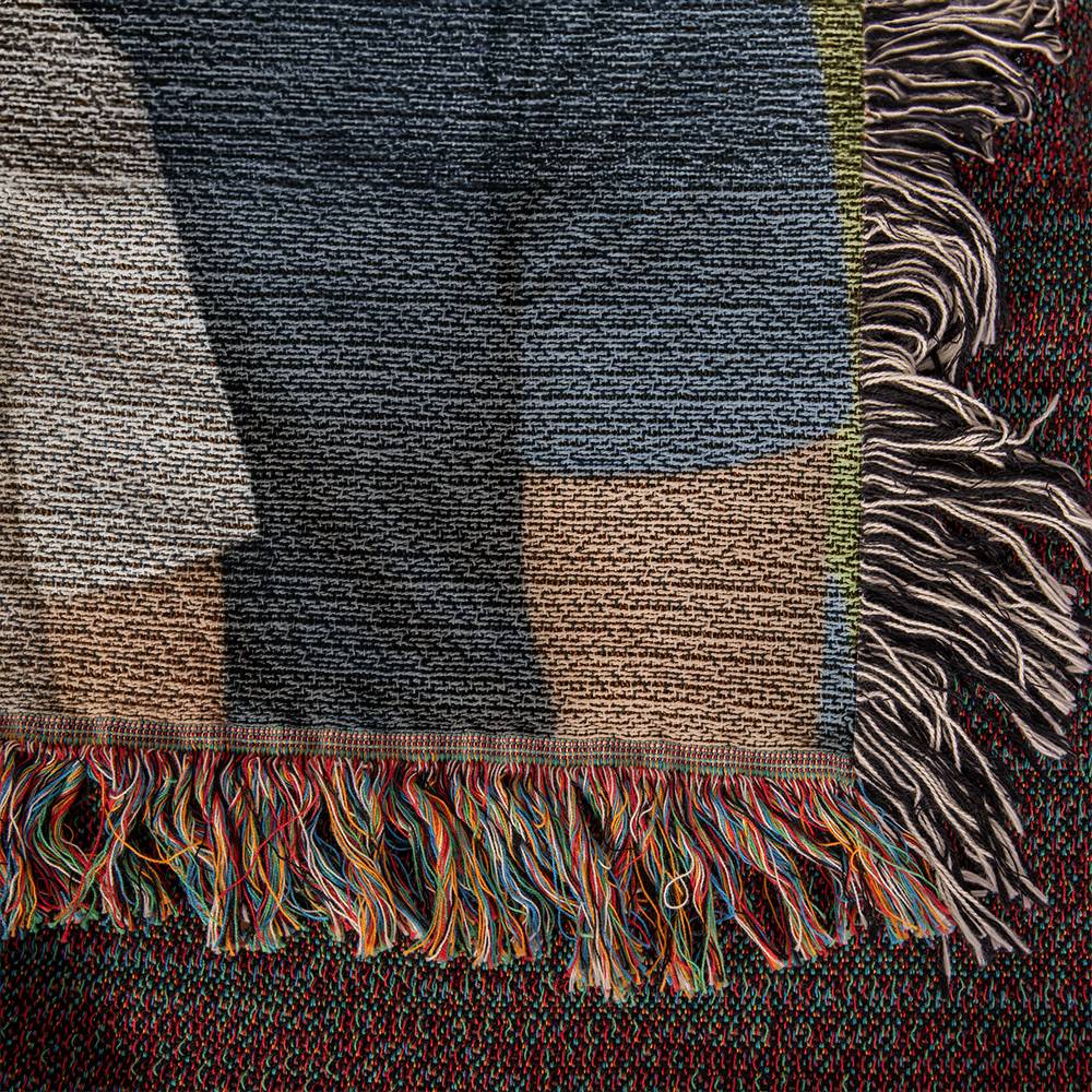 Close up of Personalized heirloom woven photo blanket with custom artwork