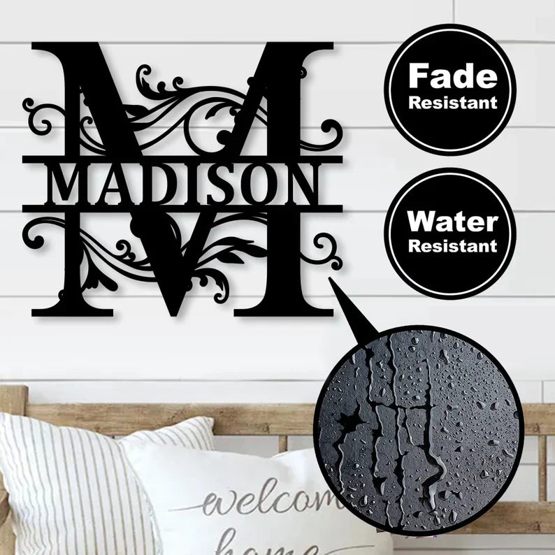 Decorative wall art with 'Madison' and 'M' design on a wooden panel background.