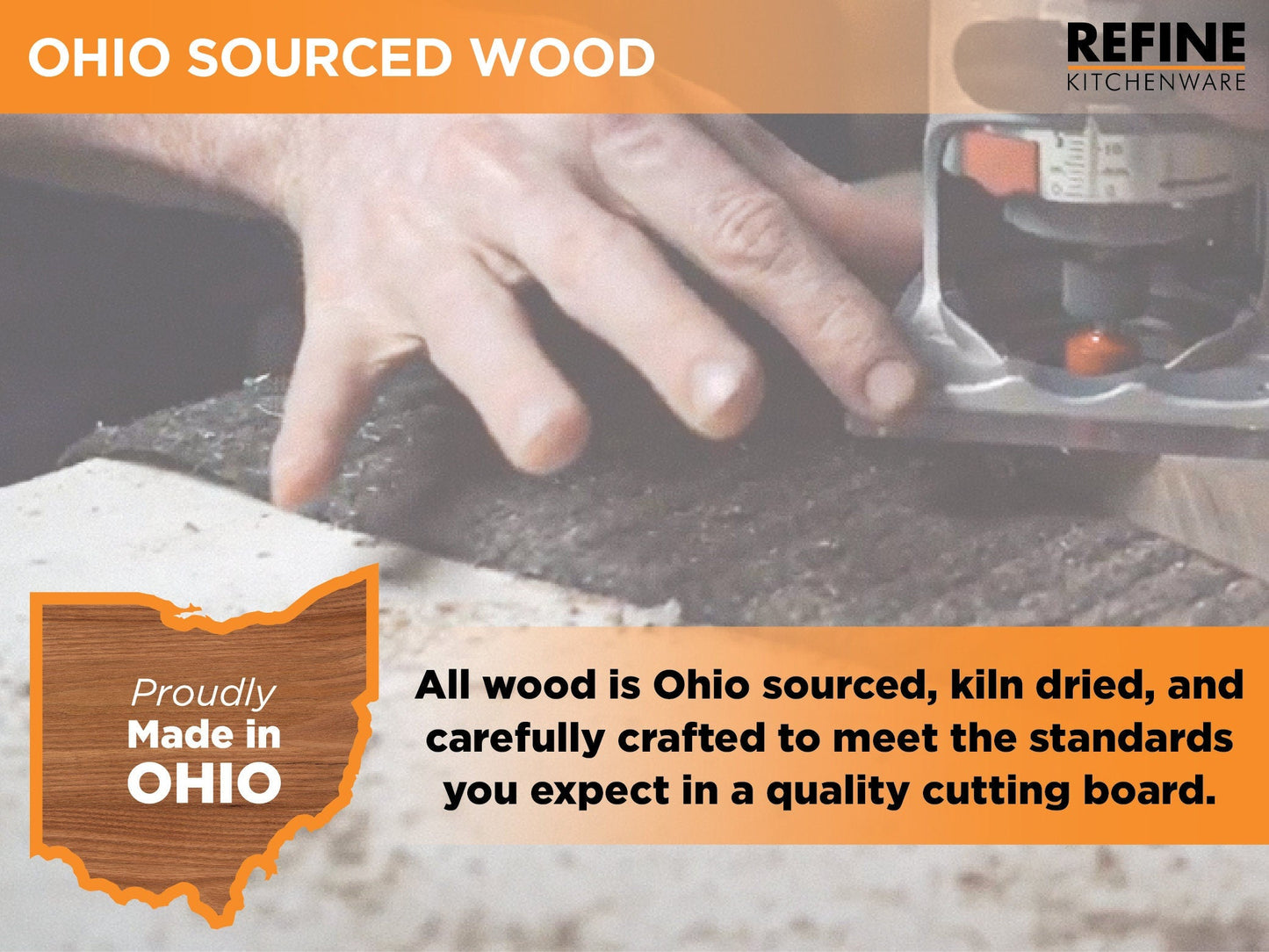 Hand using a power tool on a cutting board with 'Ohio Sourced Wood' branding.