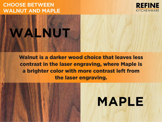 Comparison of walnut and maple wood textures with text explaining their differences.