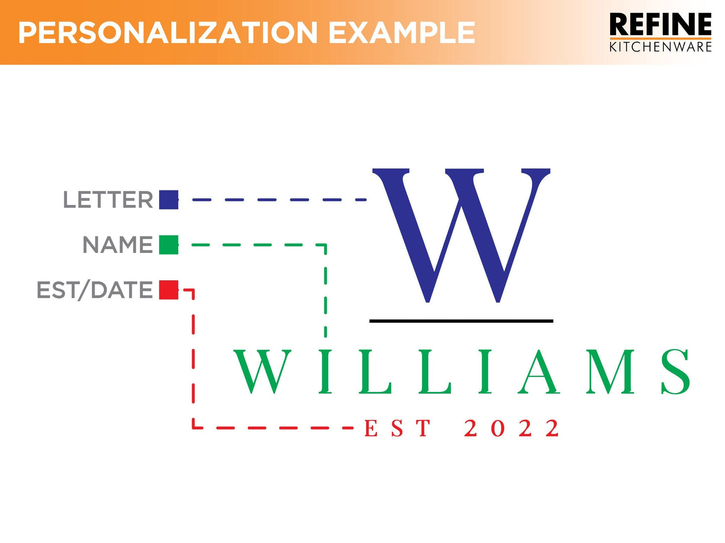 Personalization example with a letter 'W' and name 'Williams' on a white background.